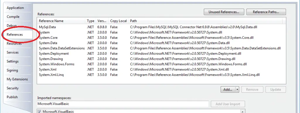 mysql data dll references