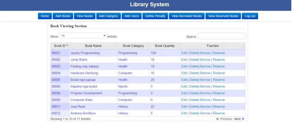 Library management system using php
