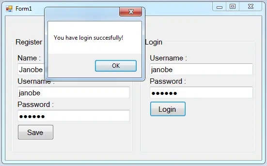 Login user and user registration in C#