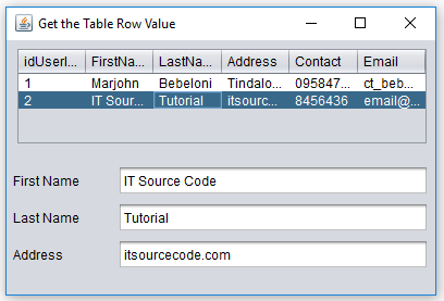 Get table row value and Display into Text Field Elements in Java