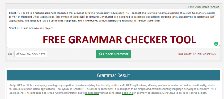 Free Grammar Checker tool result