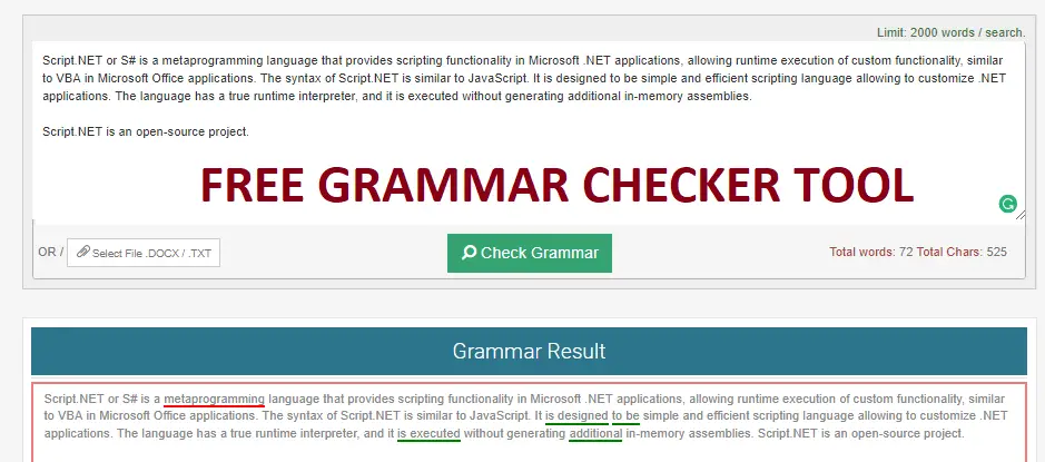 Free Grammar Checker tool result