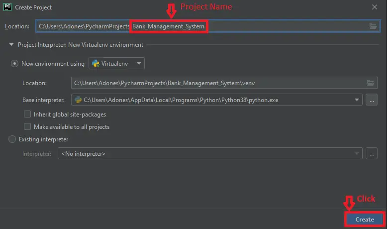 Create Project name of Bank management system