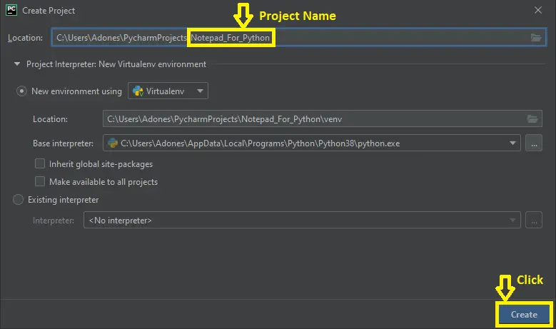 Creating Project Name for Notepad
