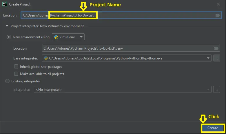 Creating Project Name in To do list in python