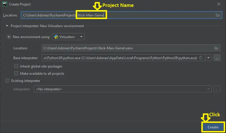 Creating Project Name in Stickman game in python with source code