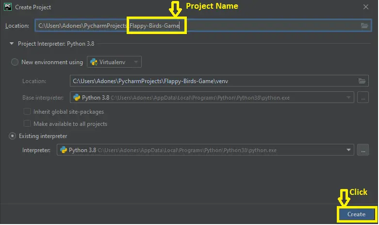 Creating a project name in Floppy Birds Game in Python