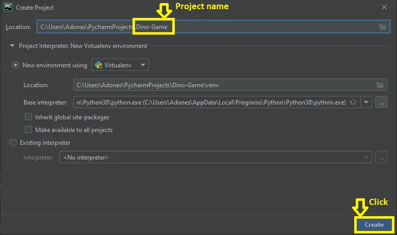 creating project name in Dino Game in python with Source Code