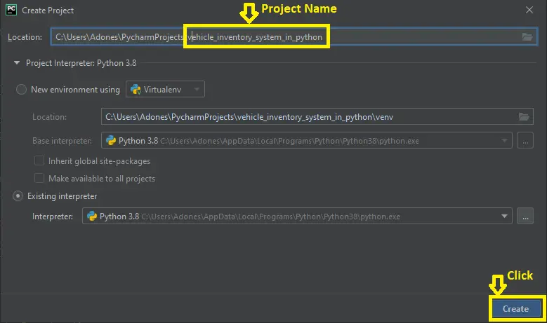 Creating project Name in Vehicle Inventory System in python with Source Code