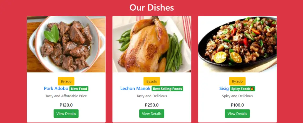 dishes page Python Django Online Food Ordering System