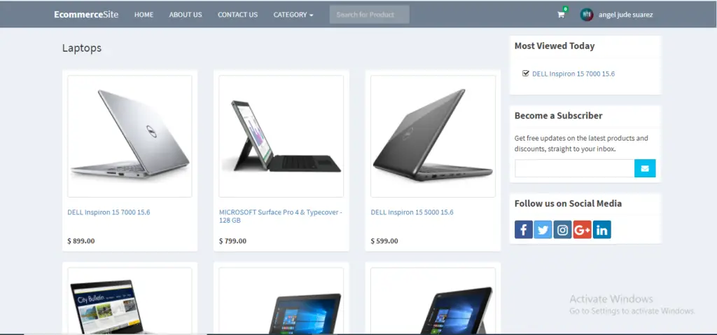 E Commerce Website List of Products