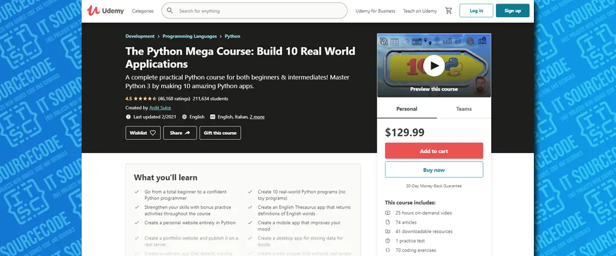 Online Python Courses with free Certificate for beginners - The Python Mega Course: Build 10 Real World Applications