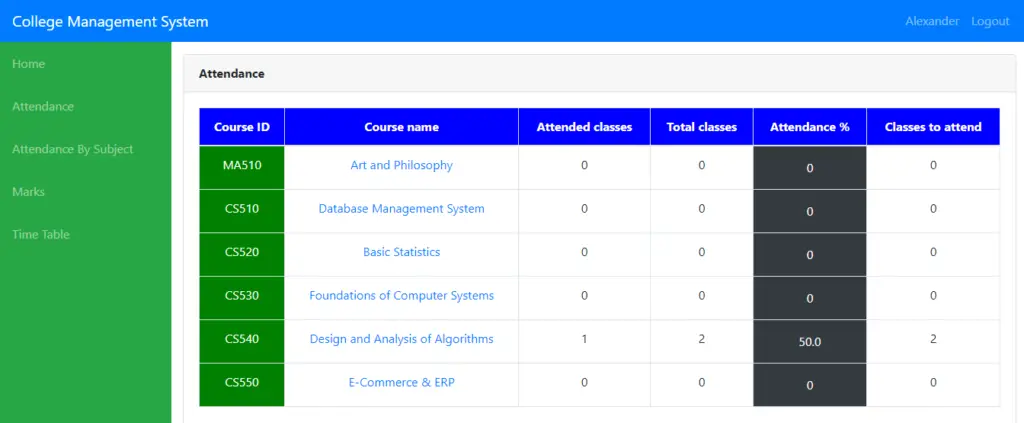 template for the student attendance in College Management System Project in Django