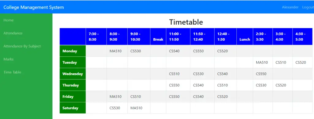 student time table in College Management System Project in Django