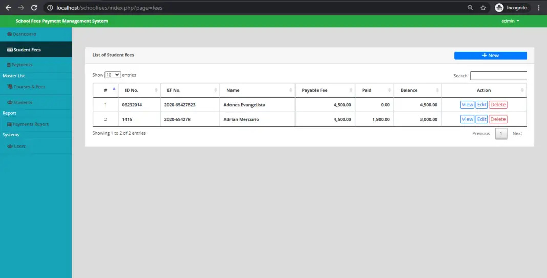 Fees Management System Project In PHP With Source Code