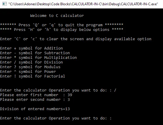 output for calculator in C