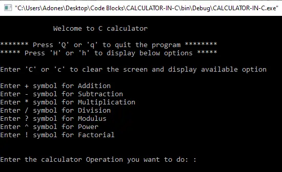 Main page for calculator in C