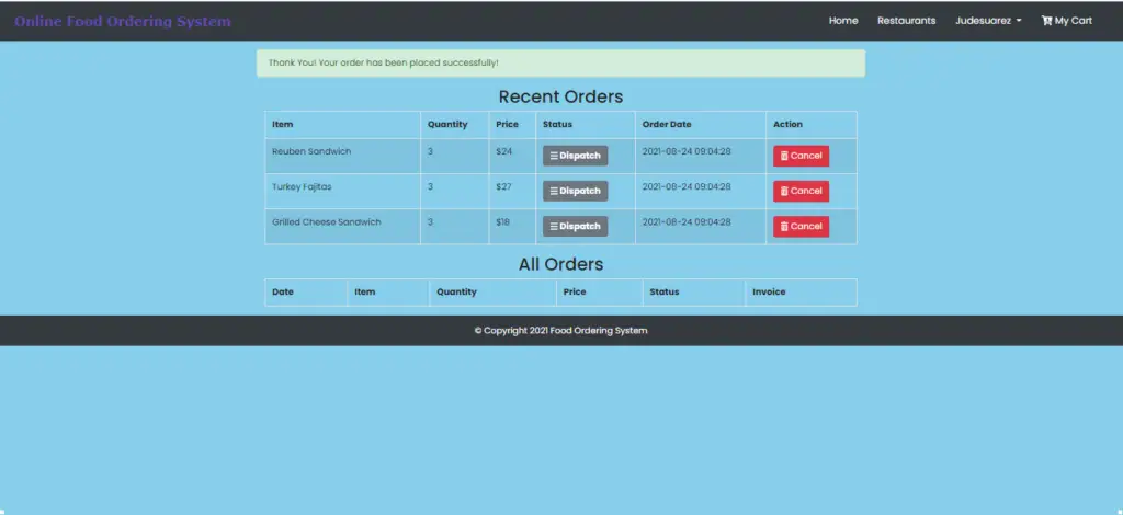 Online Food Ordering System In CodeIgniter Customer Order