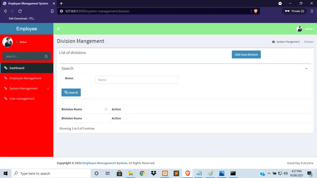 division for Employee Management System in Laravel With Source Code