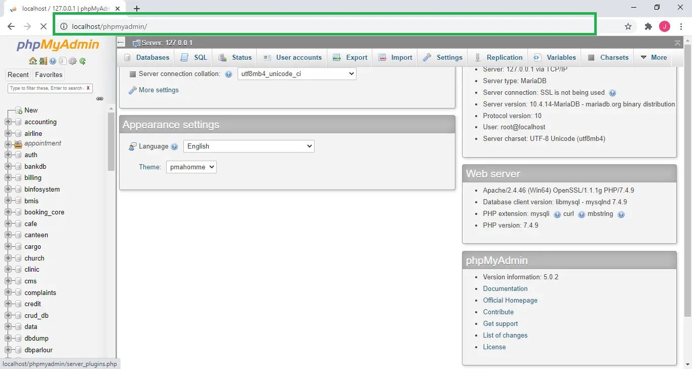 Open phpmyadmin for Barangay Management System Project in PHP with Source Code