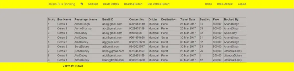 Bus Reservation System Project in ASP.net Booking Report