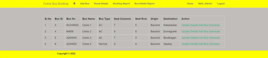 Bus Reservation System Project in ASP.net Bus Details Report