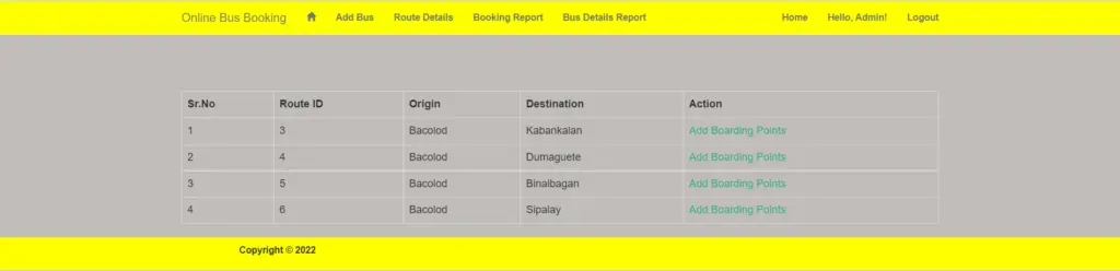 Bus Reservation System Project in ASP.net Route Details
