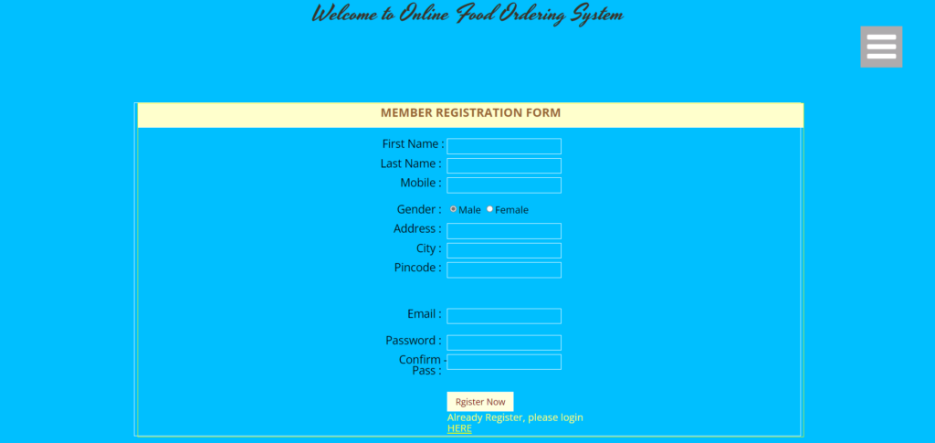 Online Food Ordering System Project in ASP.net User Registration Page