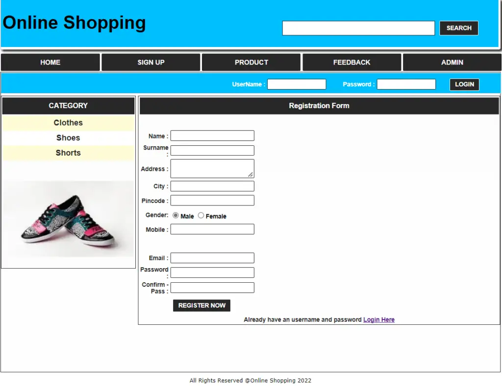 Online Shopping Project in ASP.net User Registration Page