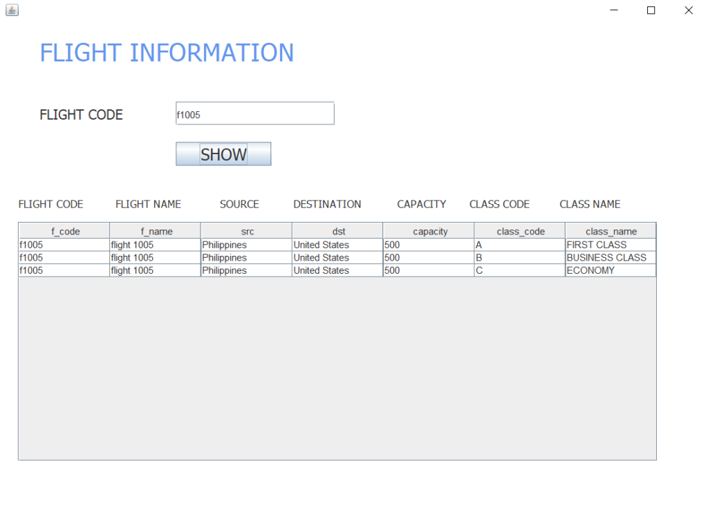 Airline Reservation System Project in Java Flight Information