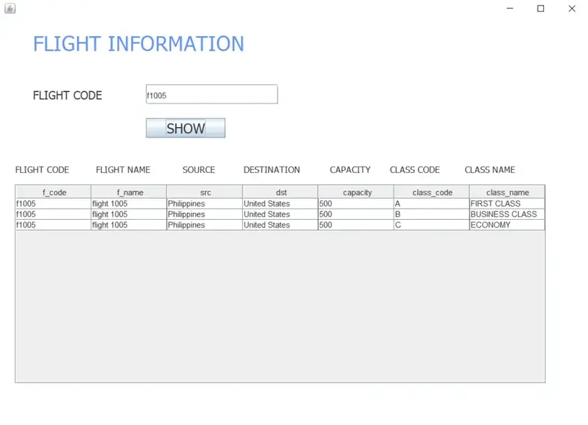 Airline Reservation System Project in Java Flight Information