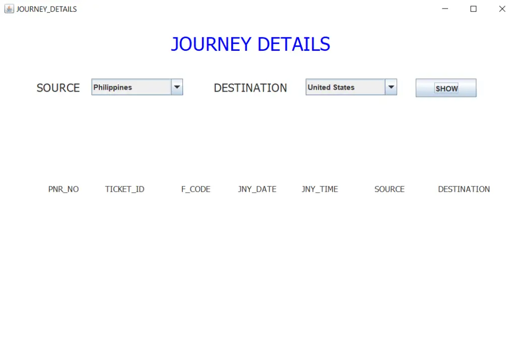 Airline Reservation System Project in Java Journey Details