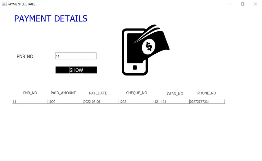 Airline Reservation System Project in Java Payment Details