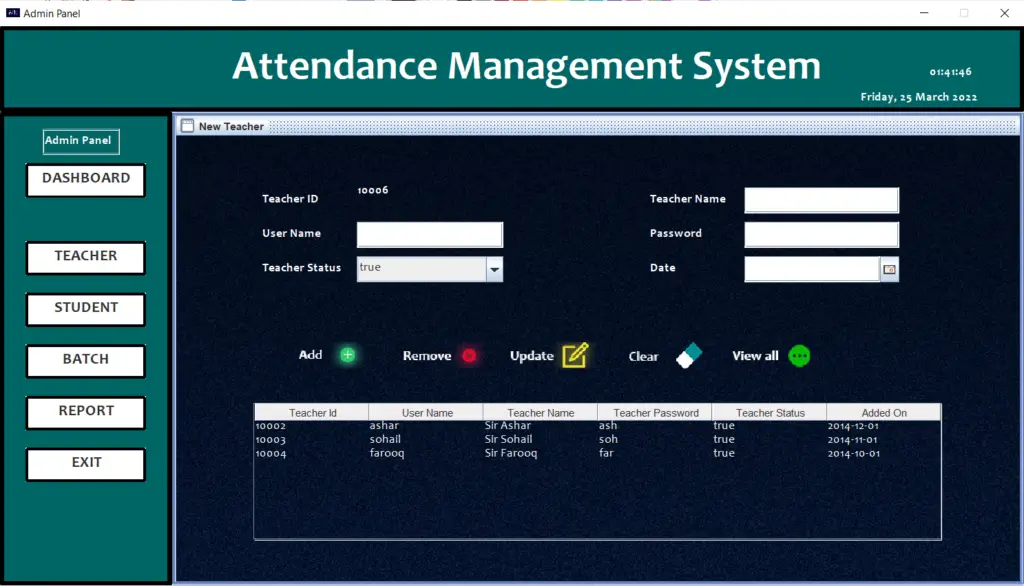 Attendance Management System Project In Java Teacher Information