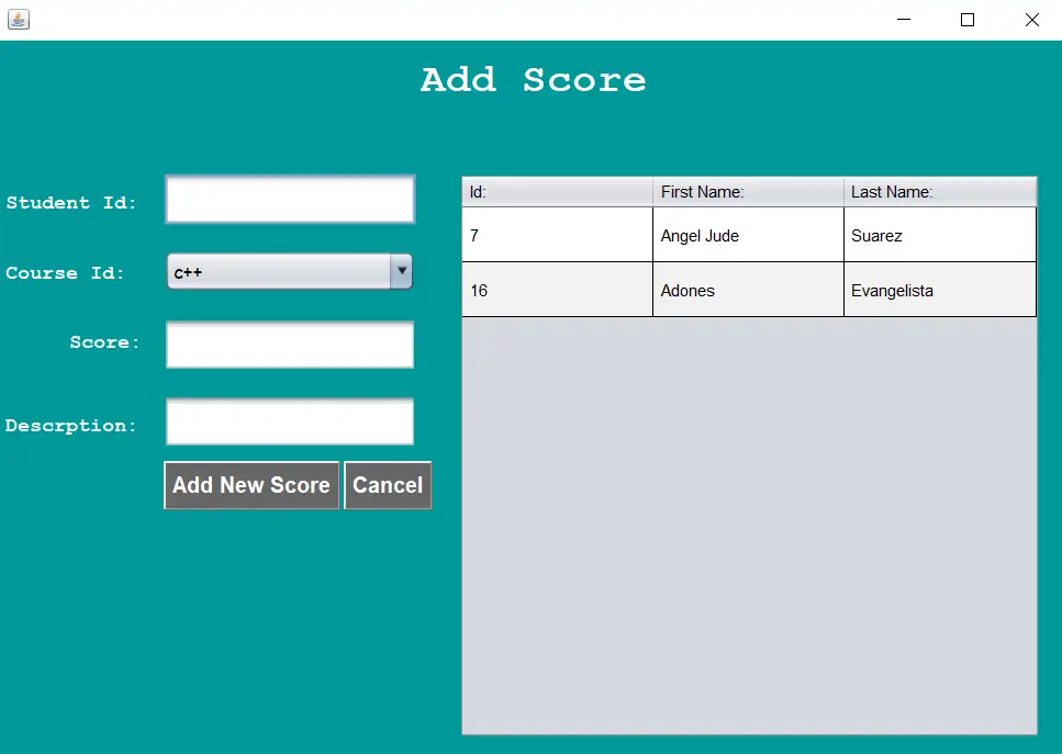 Course Management System Project in Java Add Score