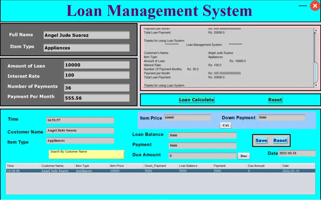 Loan Management System Project in Java Output