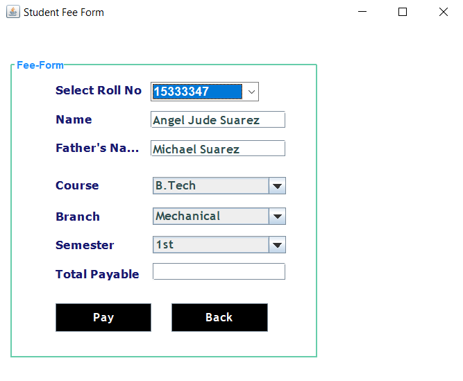 University Management System Project in Java Fee Form