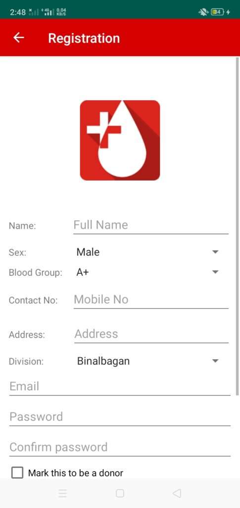 Blood Bank Android App Registration Form