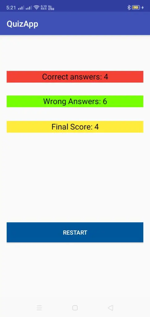 Quiz App in Android Quiz Result