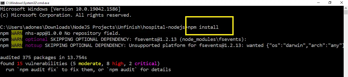 npm install in Hospital Management System Project Node JS with Source Code