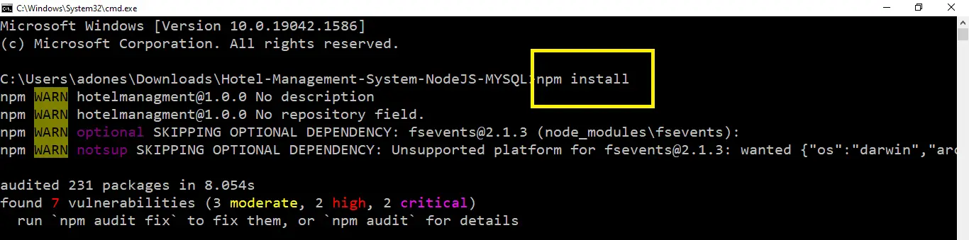 npm install in Hotel Management System Project in Node JS with Source Code