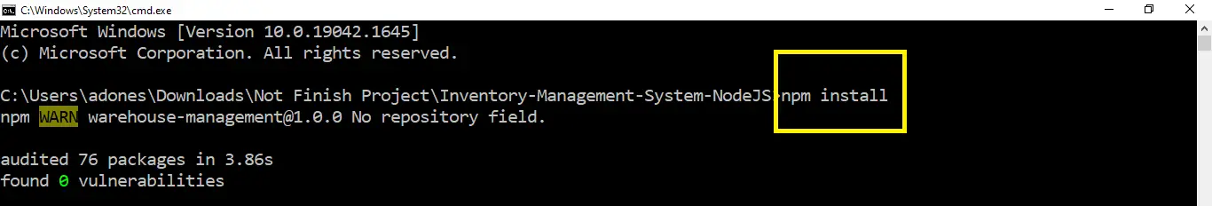 npm install in Inventory Management System Project in Node JS with Source Code