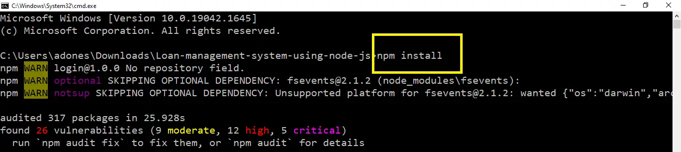 npm install in Loan Management System Project in Node JS with Source Code