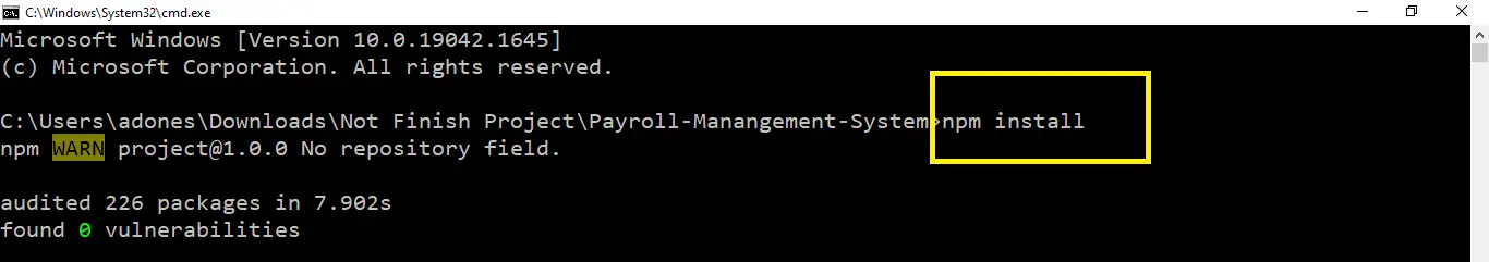 npm install in Payroll Management System Project in Node JS with Source Code
