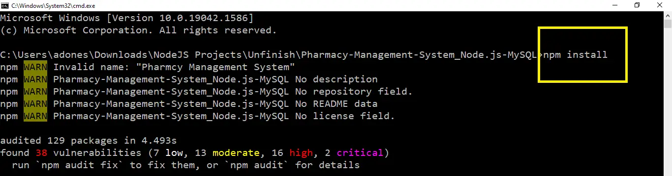 npm install in Pharmacy Management System Project in Node JS with Source Code