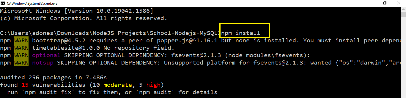 npm install in School Management System in Node JS with Source Code