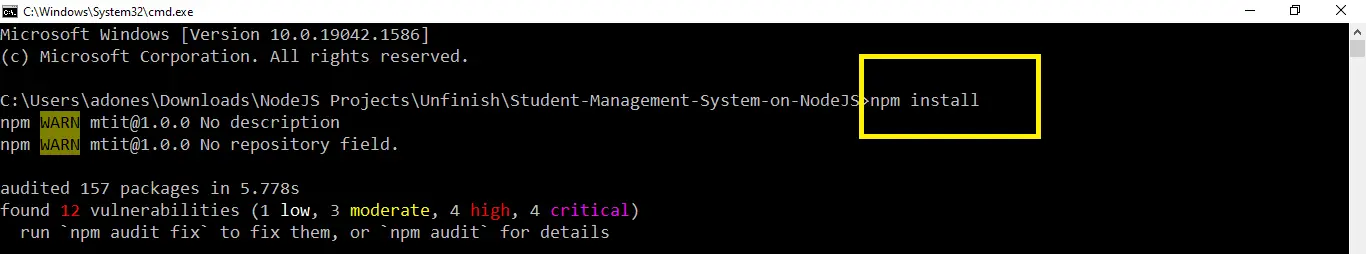 npm install in Student Management System Project in Node JS with Source Code