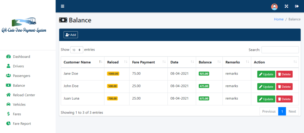 QR Code Fare Payment System Bootstrap Template - Customer Balance