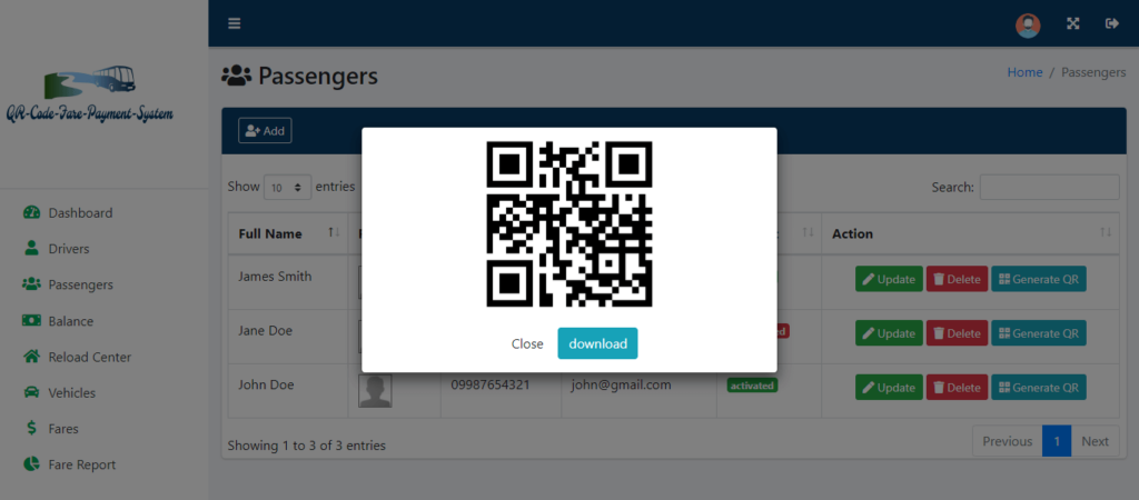 QR Code Fare Payment System Bootstrap Template - Passenger Profile with QR Code
