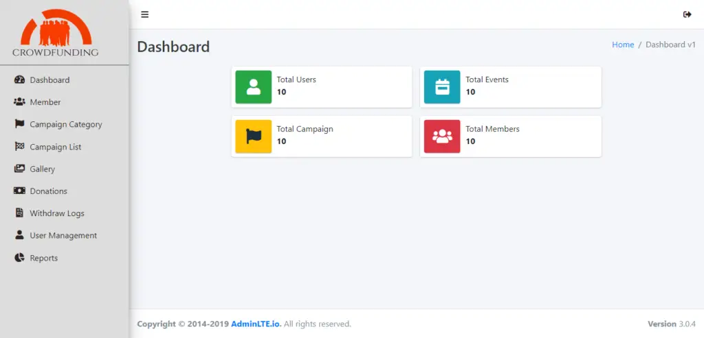 Crowd Funding Platform Template Source code - Admin Dashboard